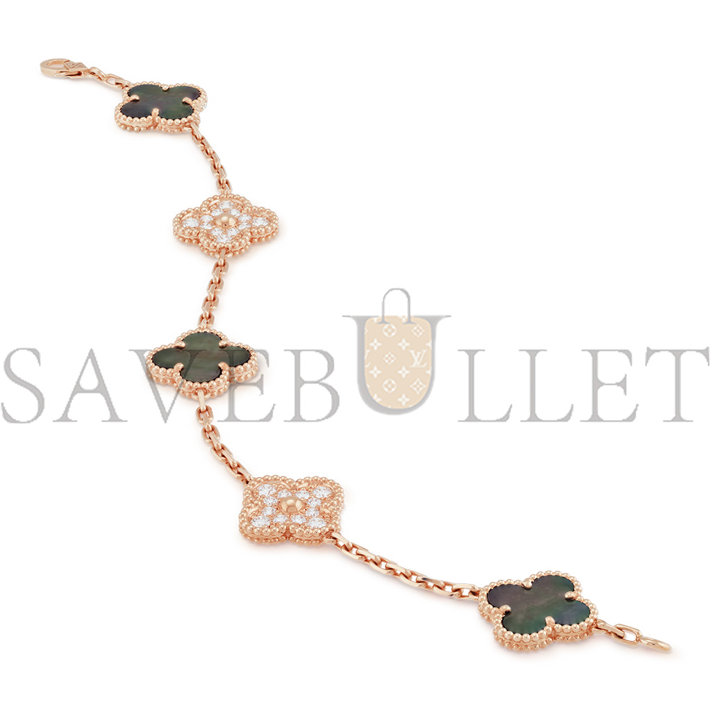 VAN CLEEF ARPELS VINTAGE ALHAMBRA BRACELET, 5 MOTIFS - ROSE GOLD, DIAMOND, MOTHER-OF-PEARL  VCARP2R100